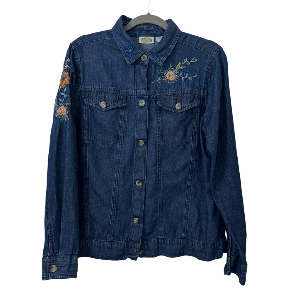 Collections Etc. Flower Embroidered Indigo Blue‎ Denim Shirt Women’s Size M